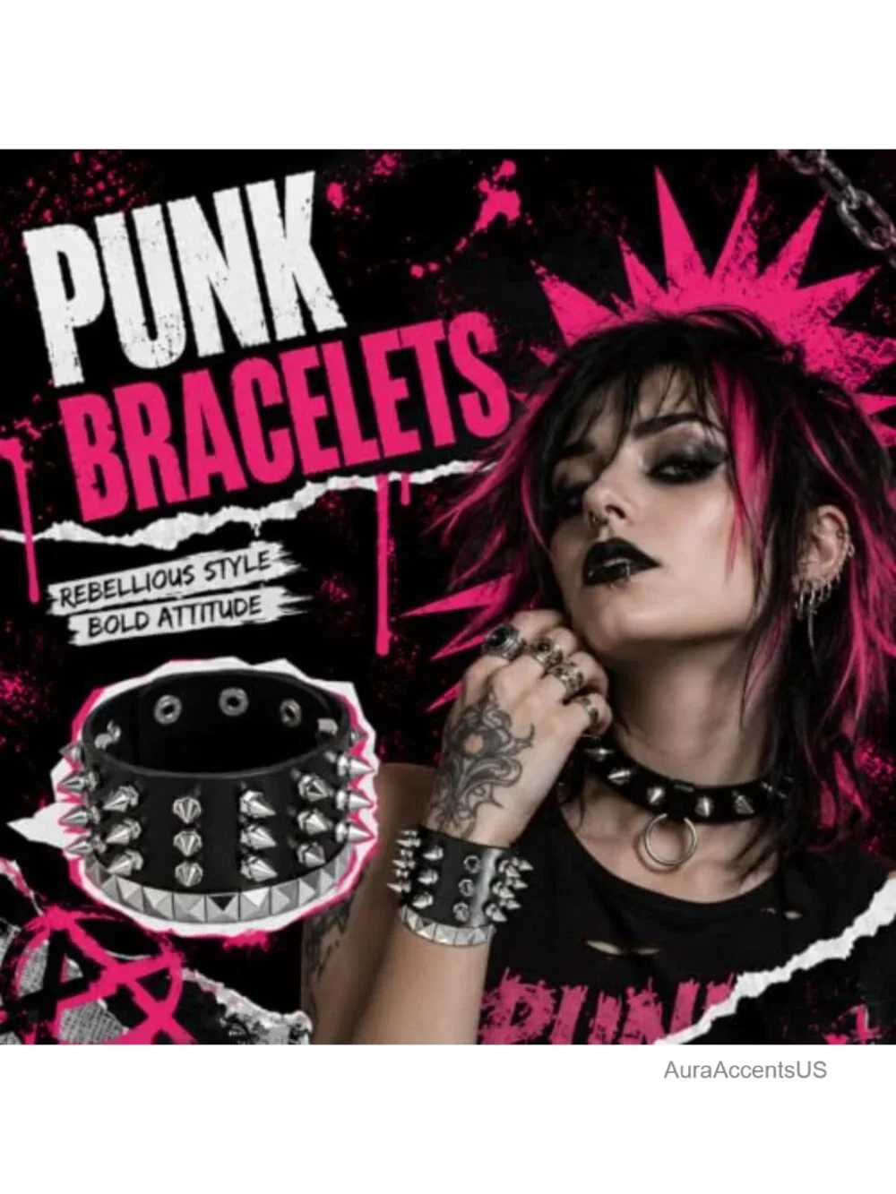 Punk Rock Studded Bracelet Set Spiked Leather Cuff